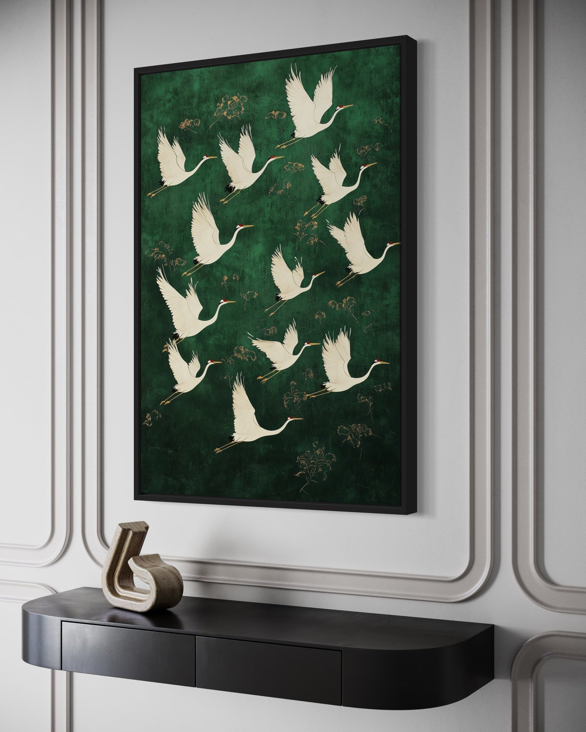 Japanese Cranes Flying On Green Background Framed Canvas Wall Art