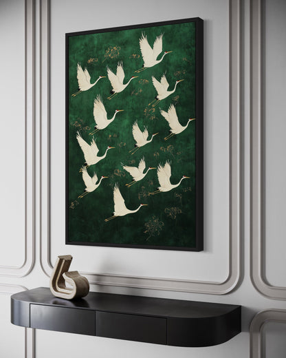 Japanese Cranes Flying On Green Background Framed Canvas Wall Art