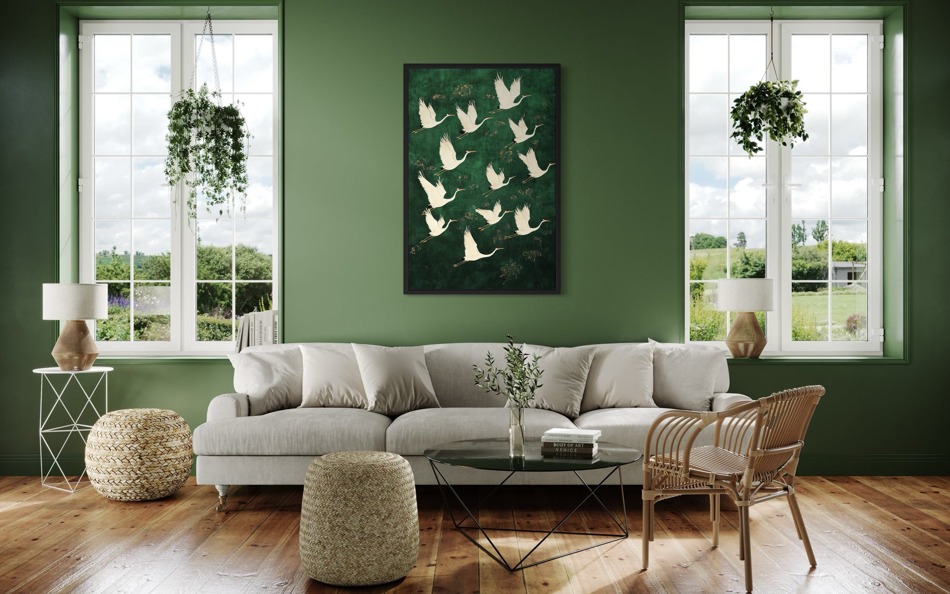 Japanese Cranes Flying On Green Background Framed Canvas Wall Art