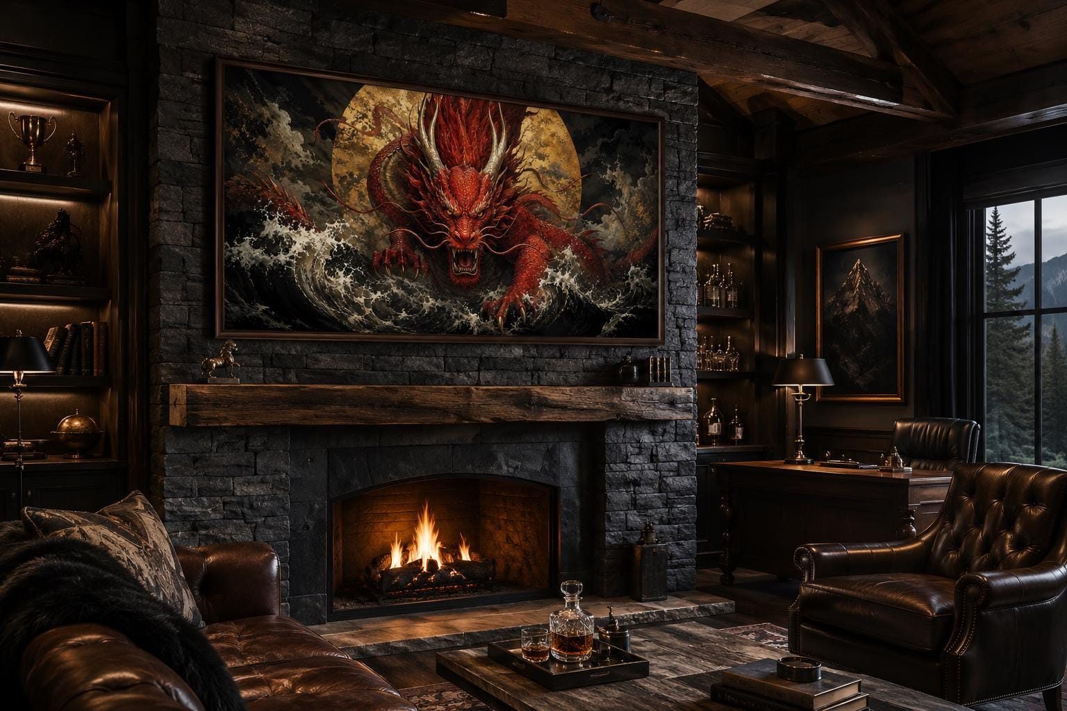 Japanese Dragon Wall Art - Red Dragon Canvas for Office & Man Cave Decor