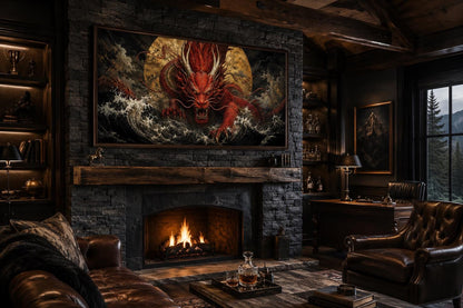 Japanese Dragon Wall Art - Red Dragon Canvas for Office & Man Cave Decor