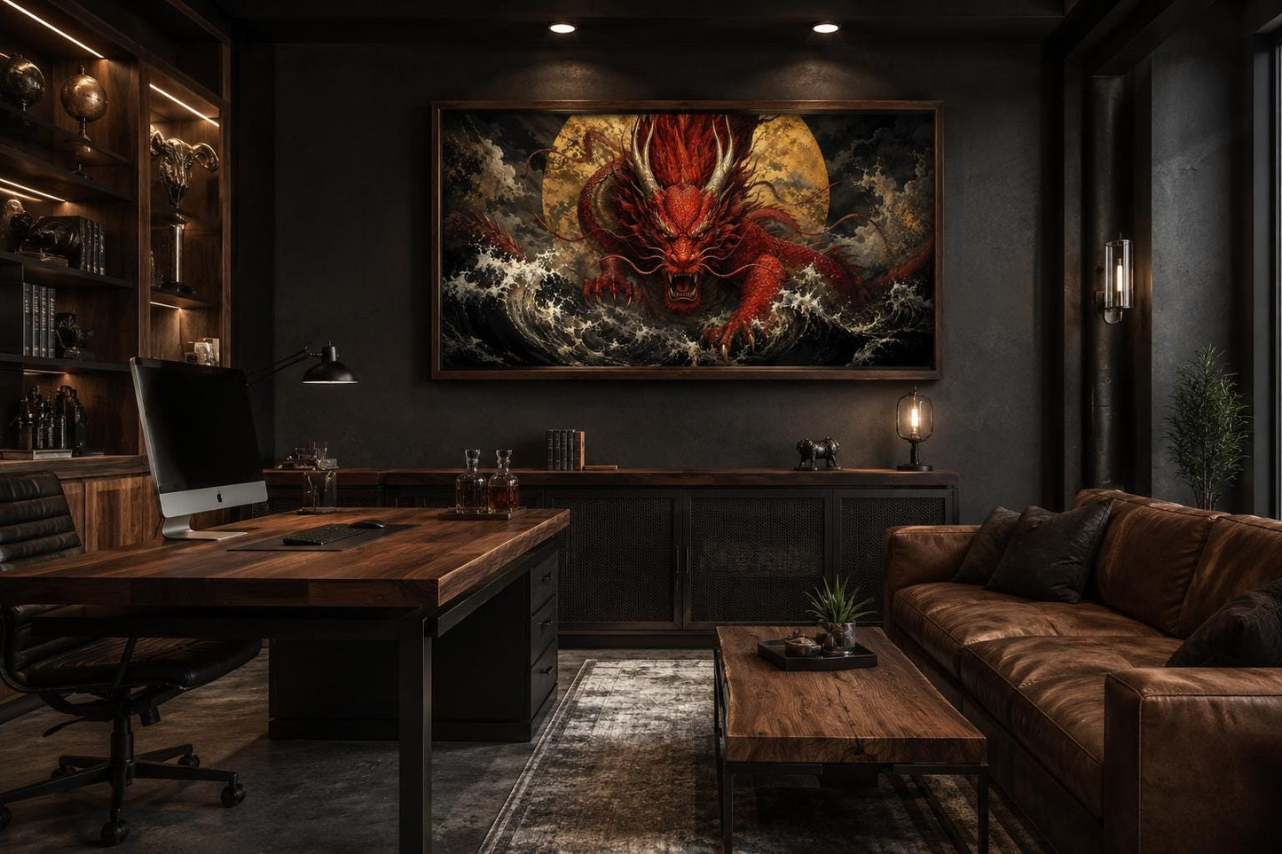 Japanese Dragon Wall Art - Red Dragon Canvas for Office & Man Cave Decor