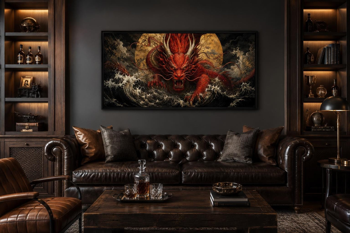 Japanese Dragon Wall Art - Red Dragon Canvas for Office & Man Cave Decor