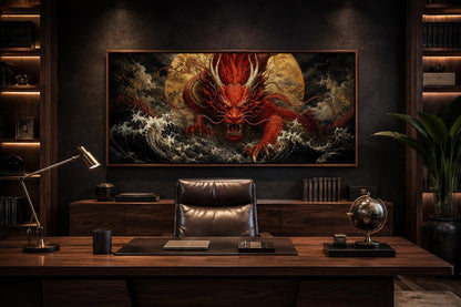 Japanese Dragon Wall Art - Red Dragon Canvas for Office & Man Cave Decor