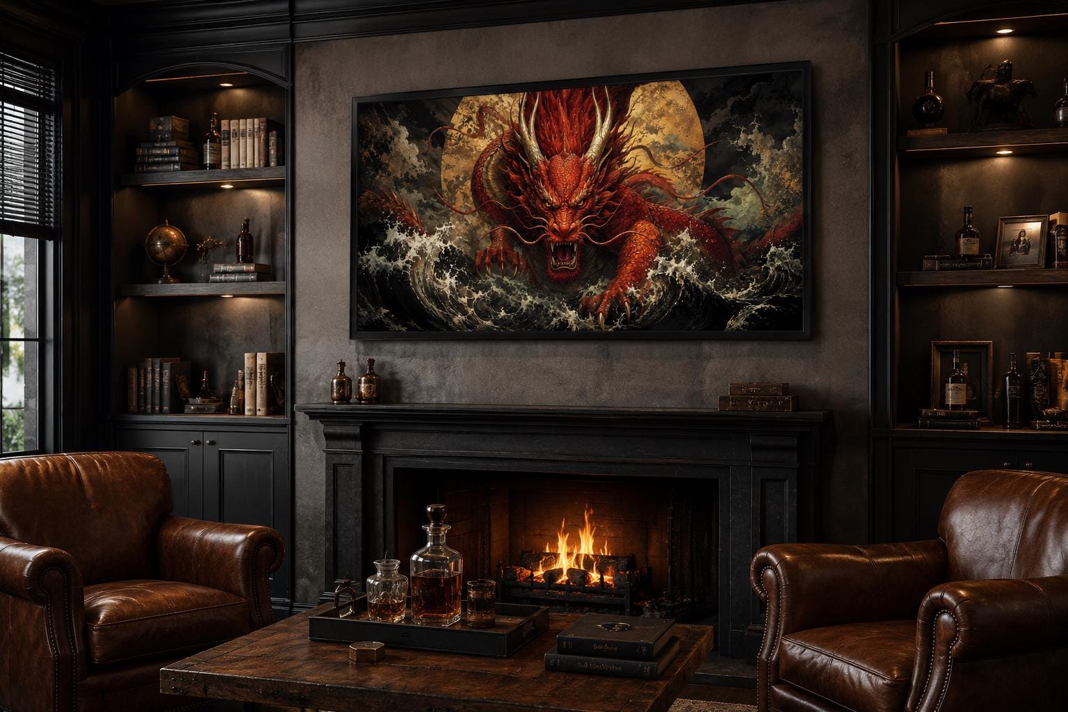 Japanese Dragon Wall Art - Red Dragon Canvas for Office & Man Cave Decor