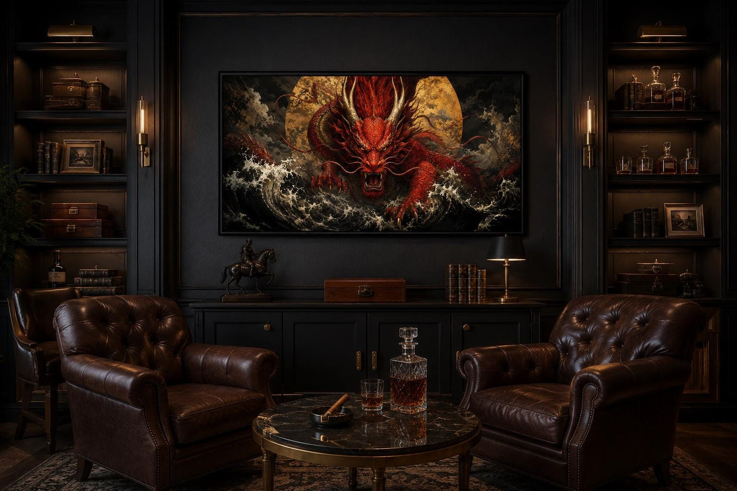 Japanese Dragon Wall Art - Red Dragon Canvas for Office & Man Cave Decor