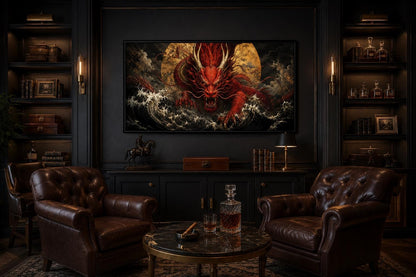 Japanese Dragon Wall Art - Red Dragon Canvas for Office & Man Cave Decor