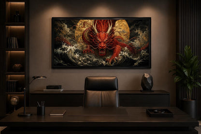 Japanese Dragon Wall Art - Red Dragon Canvas for Office & Man Cave Decor