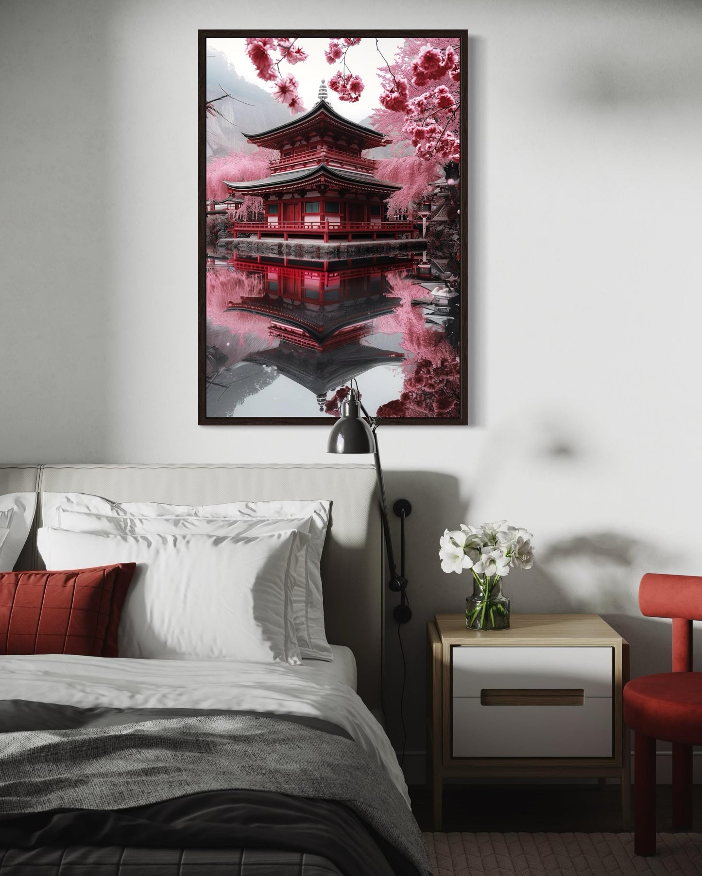 Japanese Pagoda And Sakura Garden Framed Canvas Wall Art