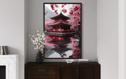 Japanese Pagoda And Sakura Garden Framed Canvas Wall Art