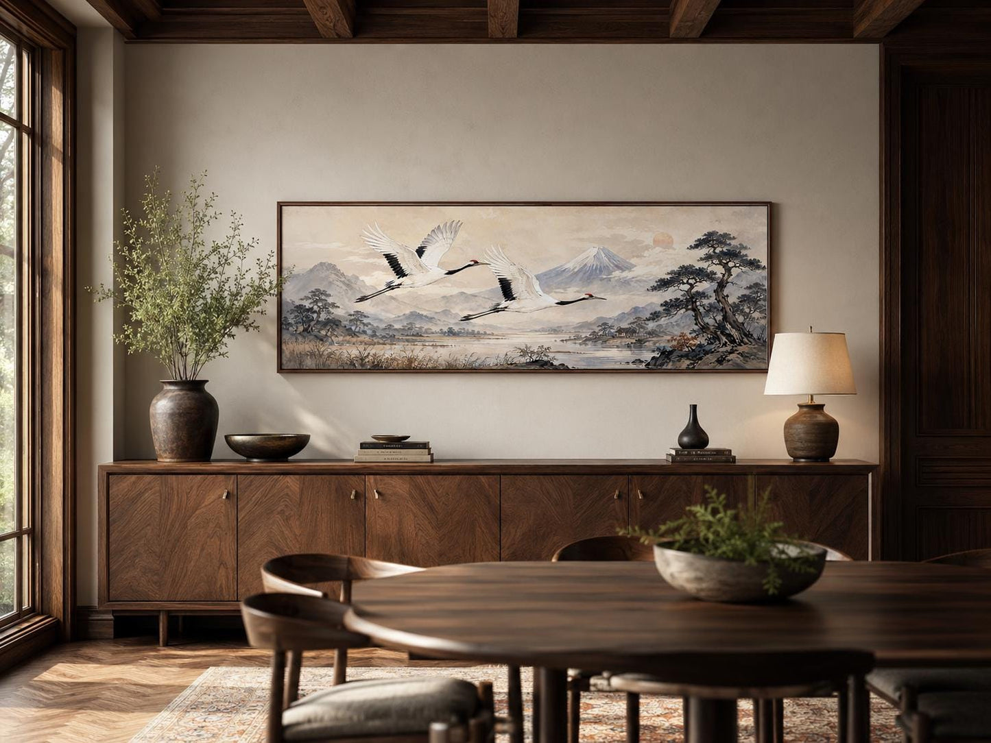 Japanese Watercolor Red Crowned Cranes Over Misty Mountains Zen Bedroom Decor Canvas Wall Art