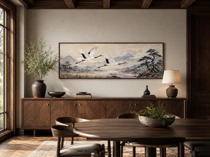 Japanese Watercolor Red Crowned Cranes Over Misty Mountains Zen Bedroom Decor Canvas Wall Art