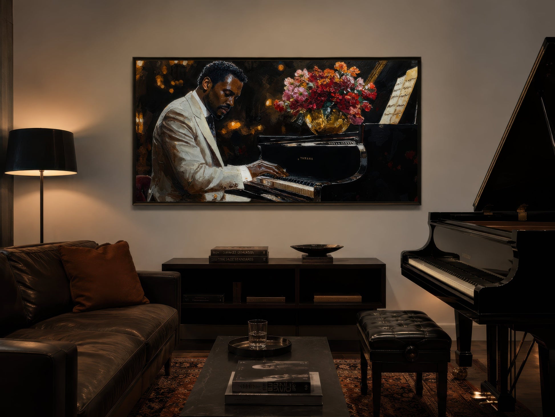 African American Piano Player Jazz Music Framed Canvas Wall Art