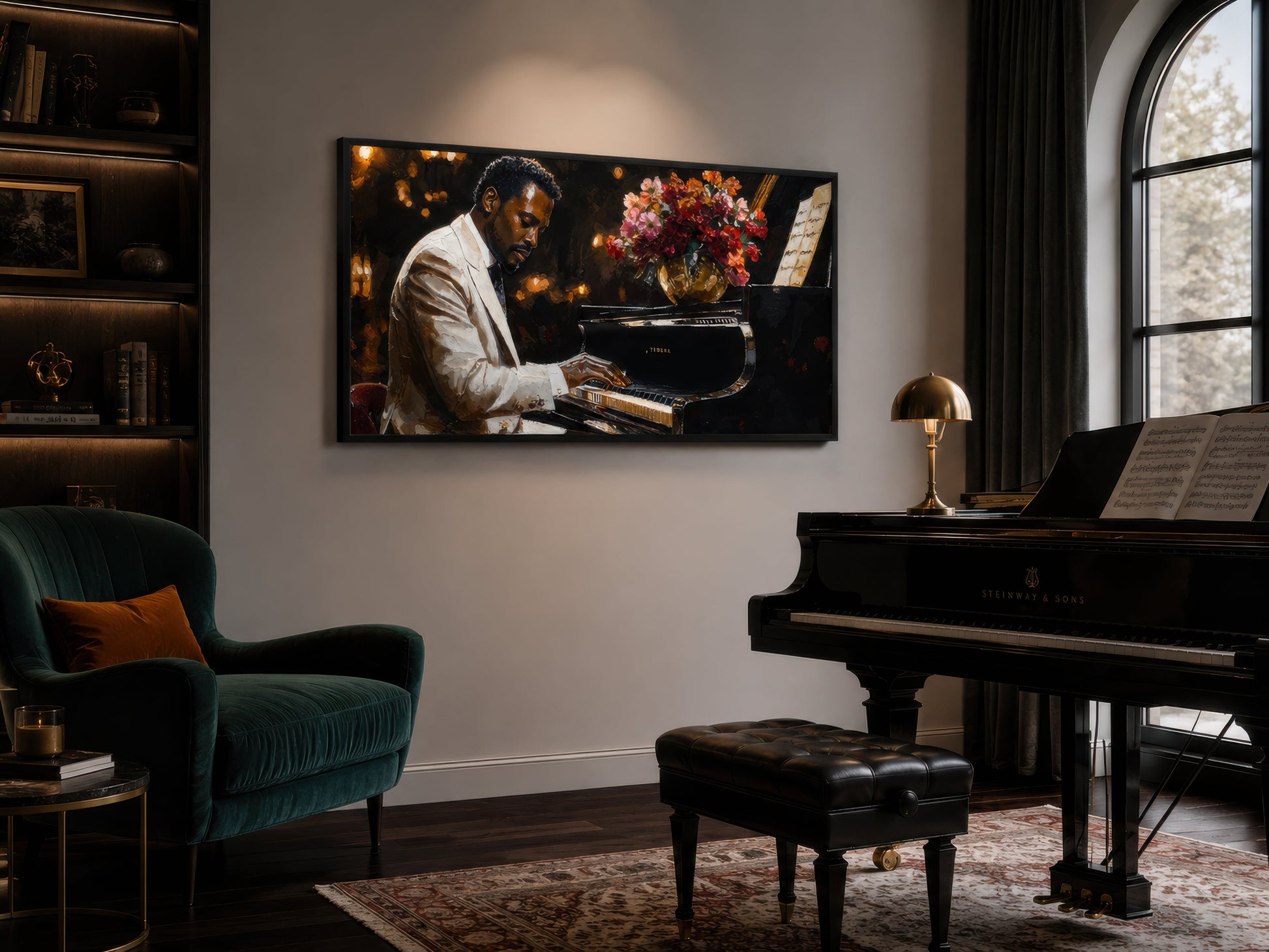 African American Piano Player Jazz Music Framed Canvas Wall Art