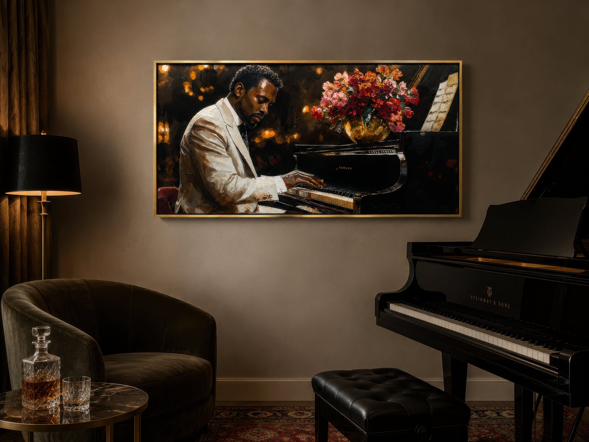 African American Piano Player Jazz Music Framed Canvas Wall Art