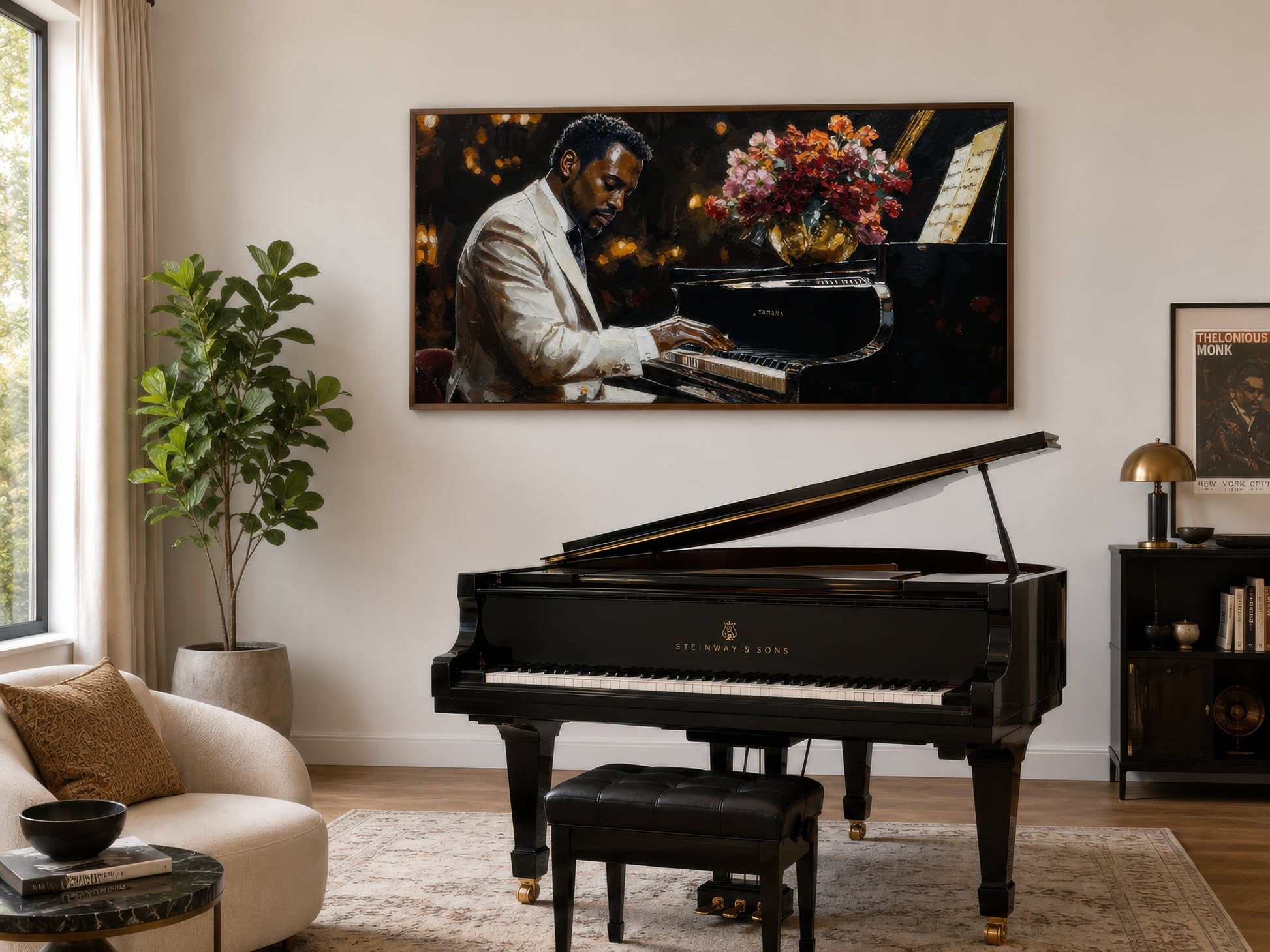 African American Piano Player Jazz Music Framed Canvas Wall Art