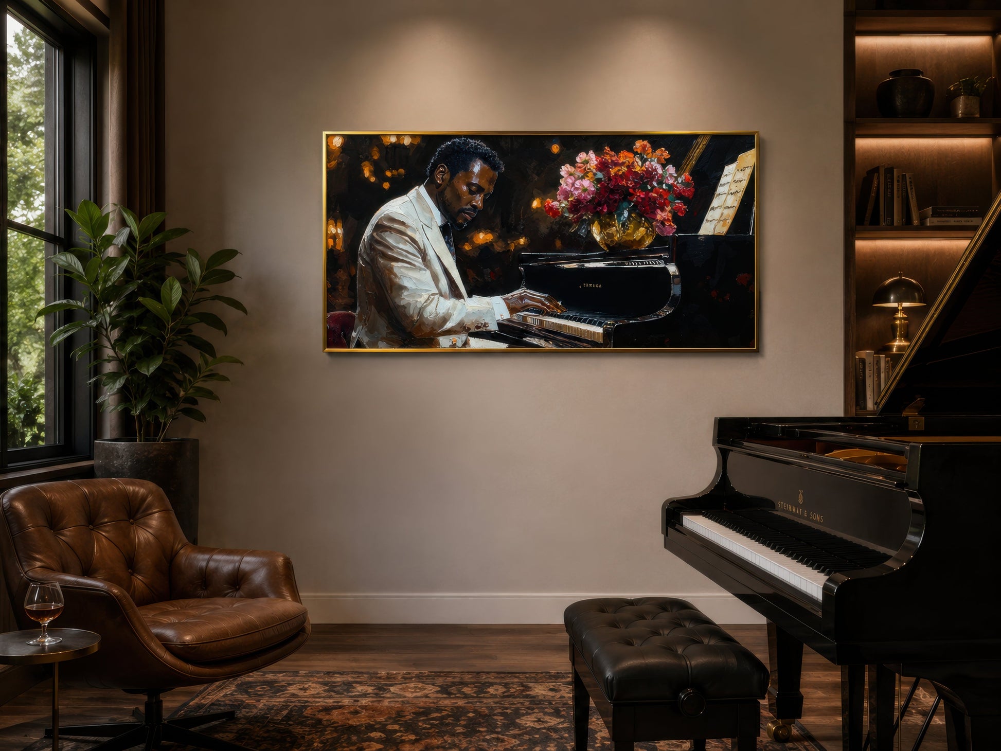 African American Piano Player Jazz Music Framed Canvas Wall Art