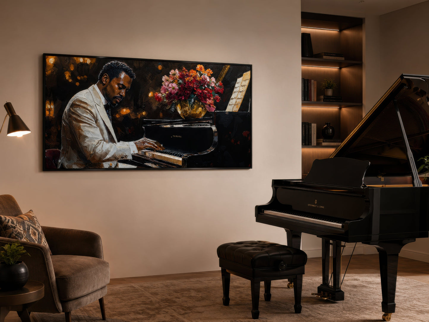 African American Piano Player Jazz Music Framed Canvas Wall Art