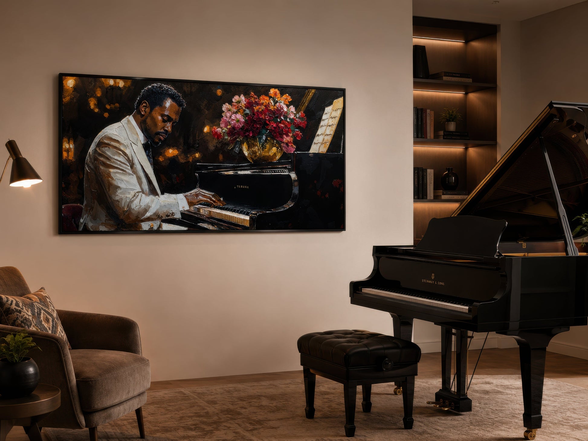 African American Piano Player Jazz Music Framed Canvas Wall Art