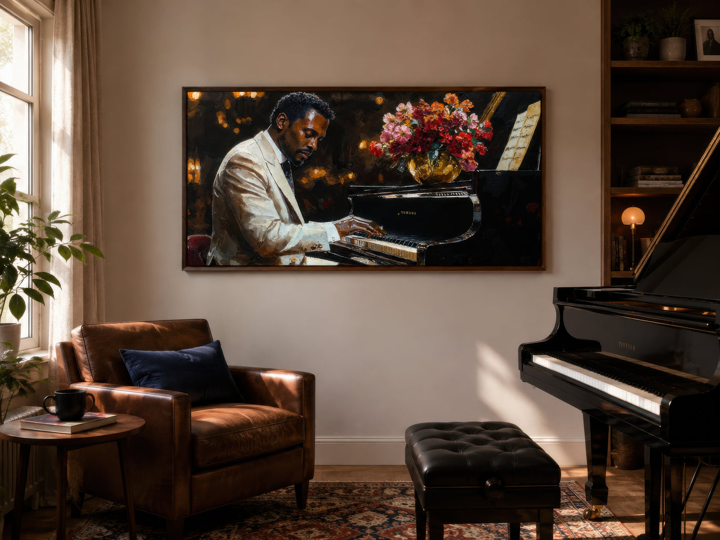 African American Piano Player Jazz Music Framed Canvas Wall Art