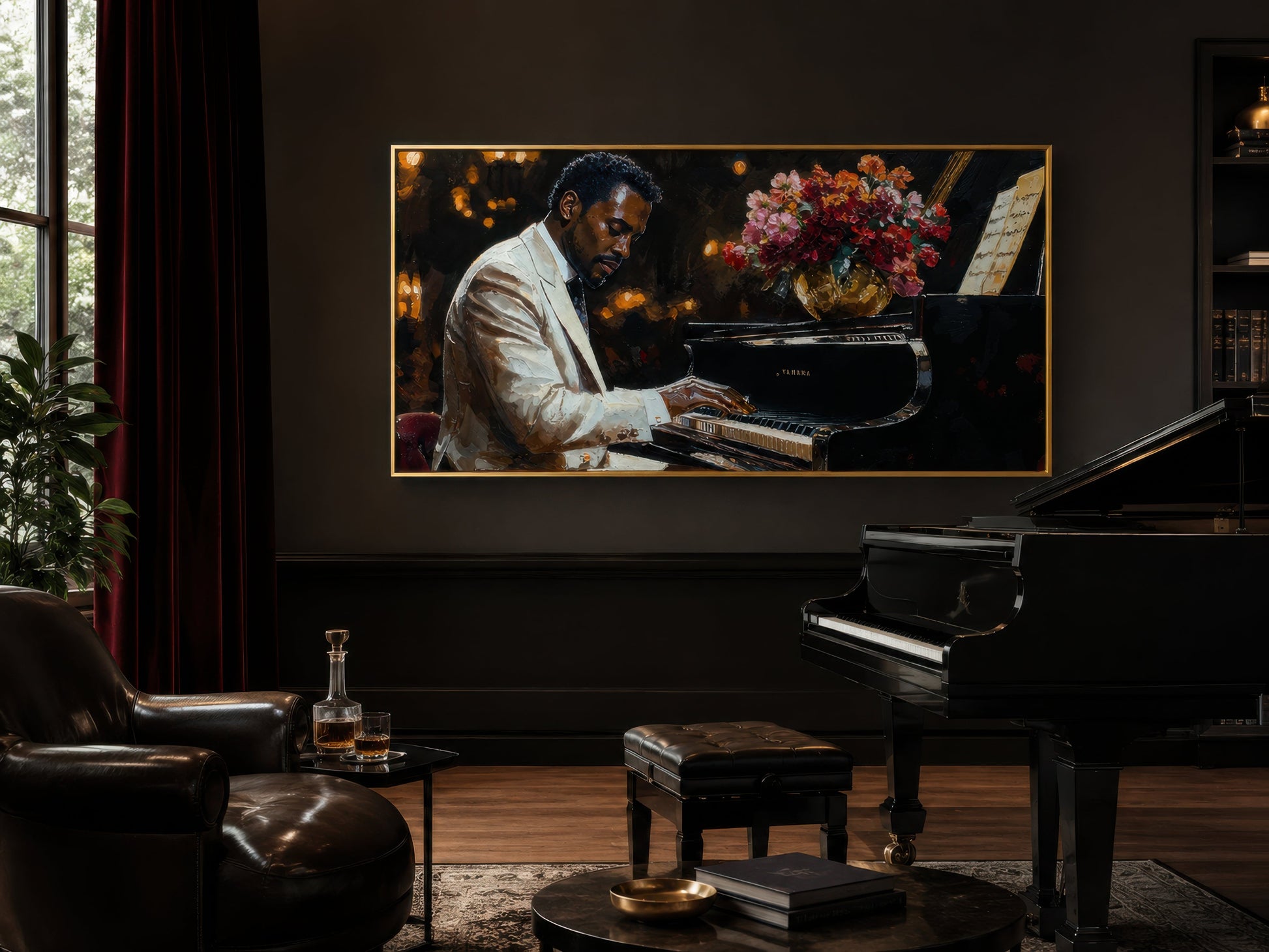 African American Piano Player Jazz Music Framed Canvas Wall Art