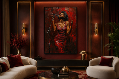 African American Woman Jazz Singer In Red Dress Framed Canvas Wall Art