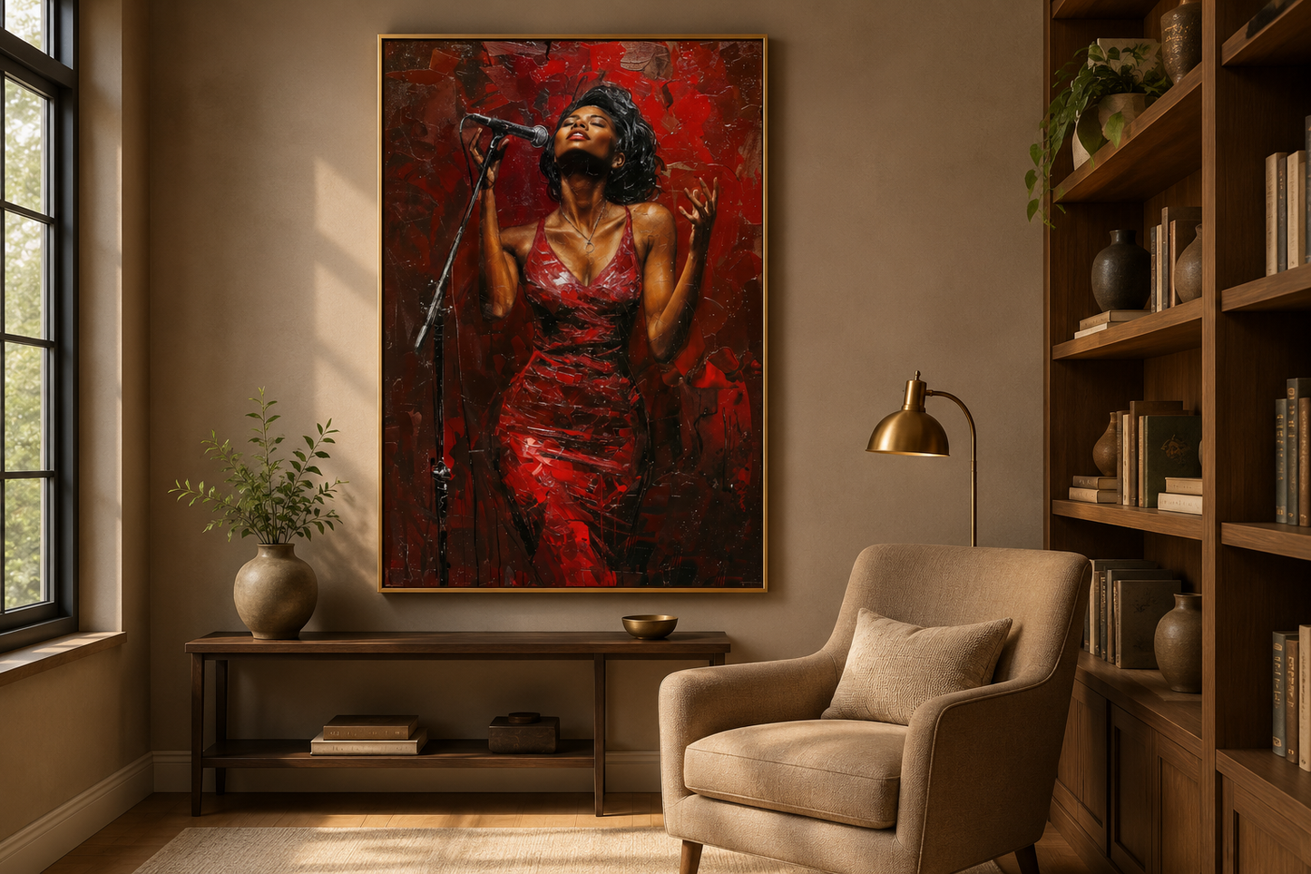 African American Woman Jazz Singer In Red Dress Framed Canvas Wall Art