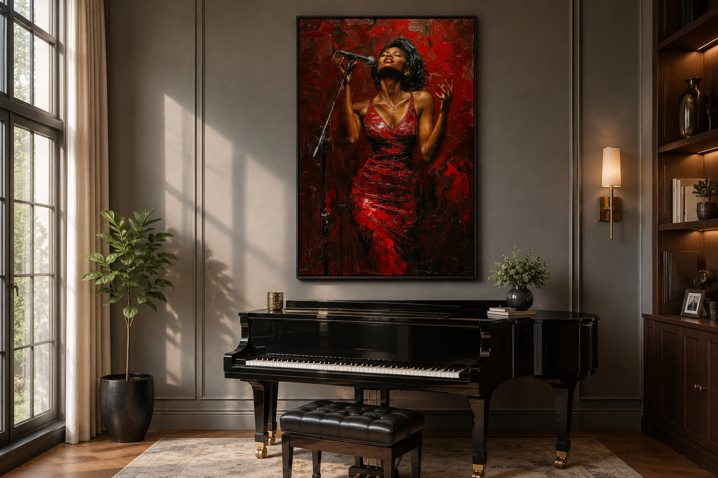 African American Woman Jazz Singer In Red Dress Framed Canvas Wall Art