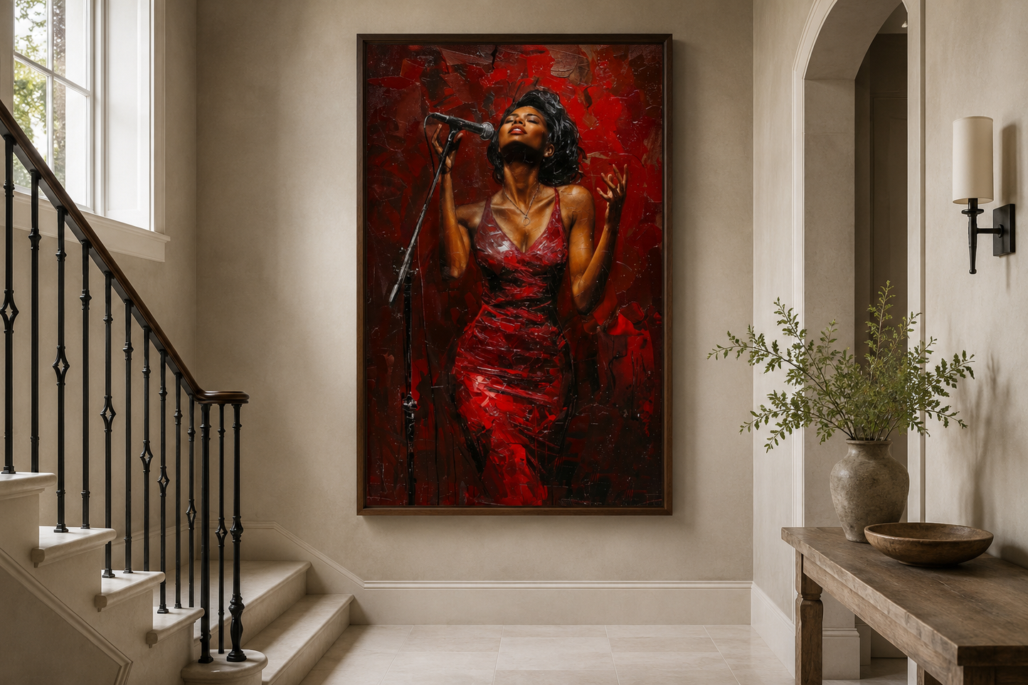 African American Woman Jazz Singer In Red Dress Framed Canvas Wall Art