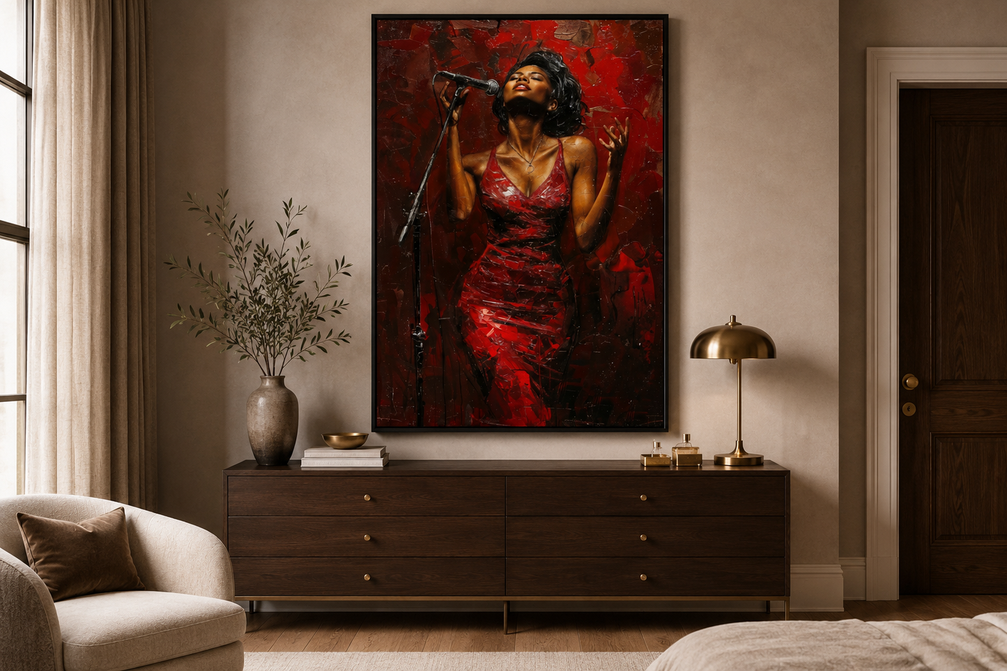 African American Woman Jazz Singer In Red Dress Framed Canvas Wall Art