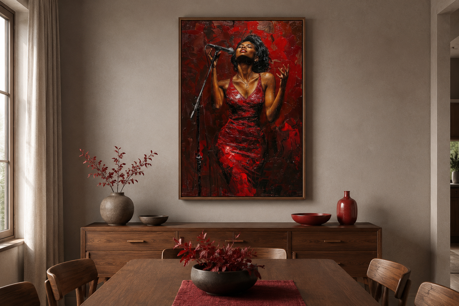 African American Woman Jazz Singer In Red Dress Framed Canvas Wall Art