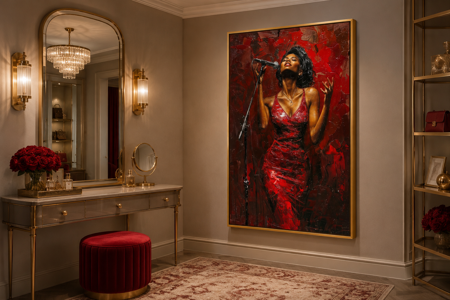 African American Woman Jazz Singer In Red Dress Framed Canvas Wall Art
