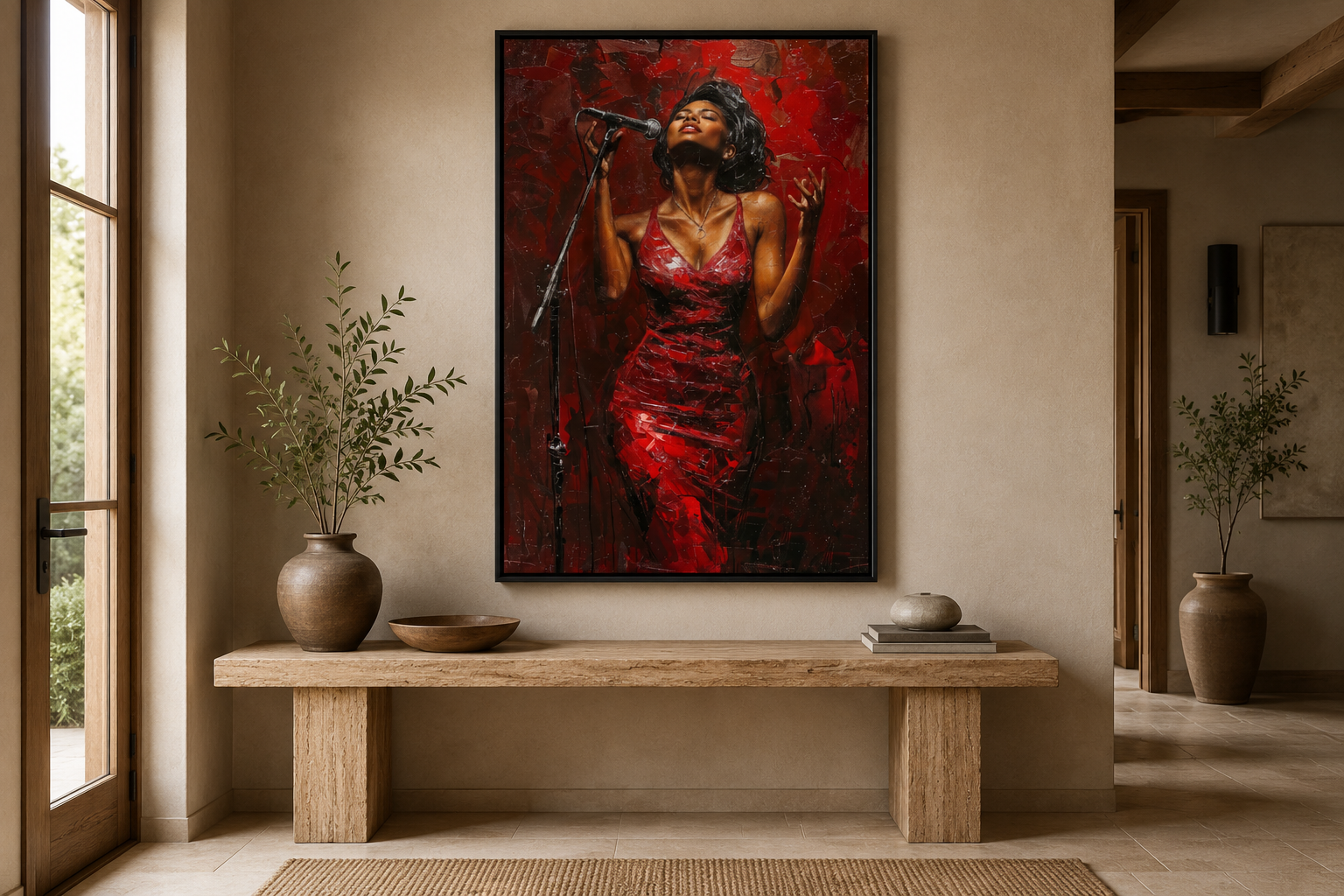 African American Woman Jazz Singer In Red Dress Framed Canvas Wall Art