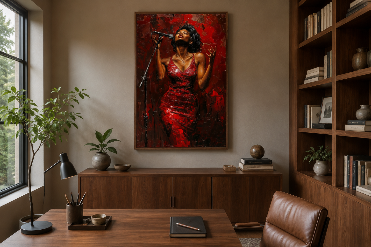 African American Woman Jazz Singer In Red Dress Framed Canvas Wall Art