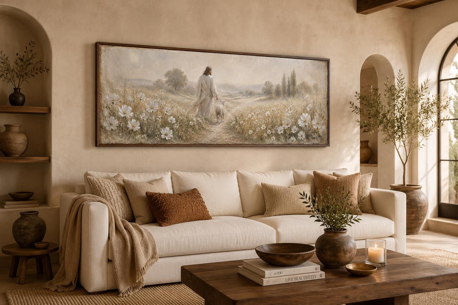 Jesus And Lamb In Wildflower Field Wall Art – Christian Canvas Print | Farmhouse Faith Decor for Living Room