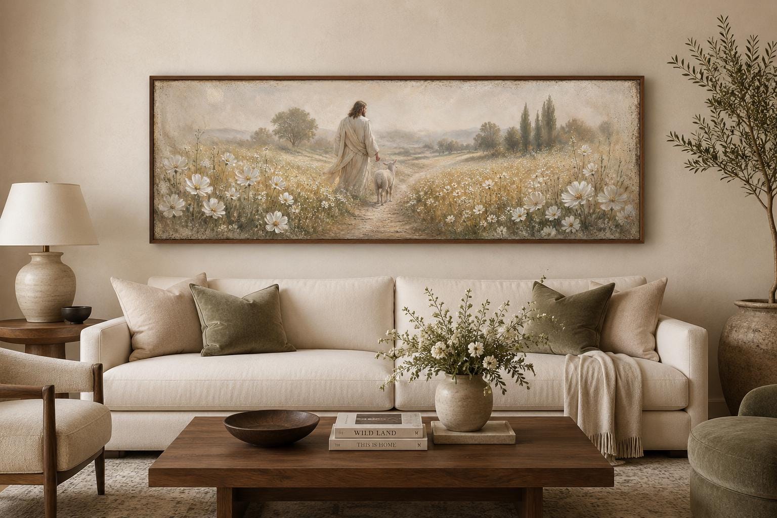 Jesus And Lamb In Wildflower Field Wall Art – Christian Canvas Print | Farmhouse Faith Decor for Living Room