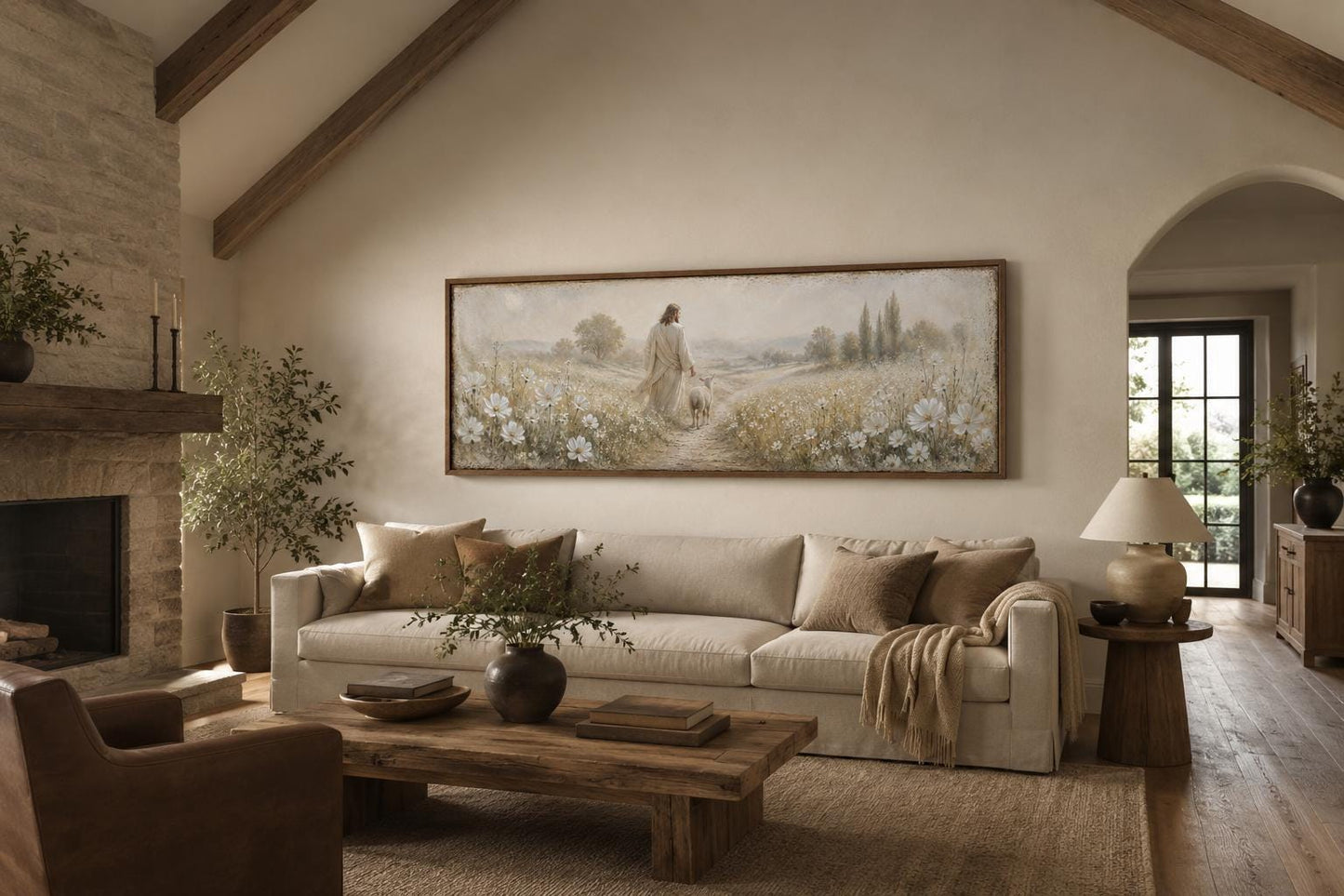 Jesus And Lamb In Wildflower Field Wall Art – Christian Canvas Print | Farmhouse Faith Decor for Living Room