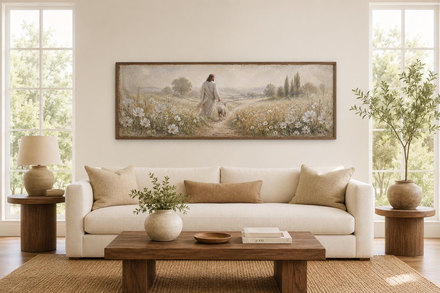 Jesus And Lamb In Wildflower Field Wall Art – Christian Canvas Print | Farmhouse Faith Decor for Living Room