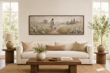 Jesus And Lamb In Wildflower Field Wall Art – Christian Canvas Print | Farmhouse Faith Decor for Living Room