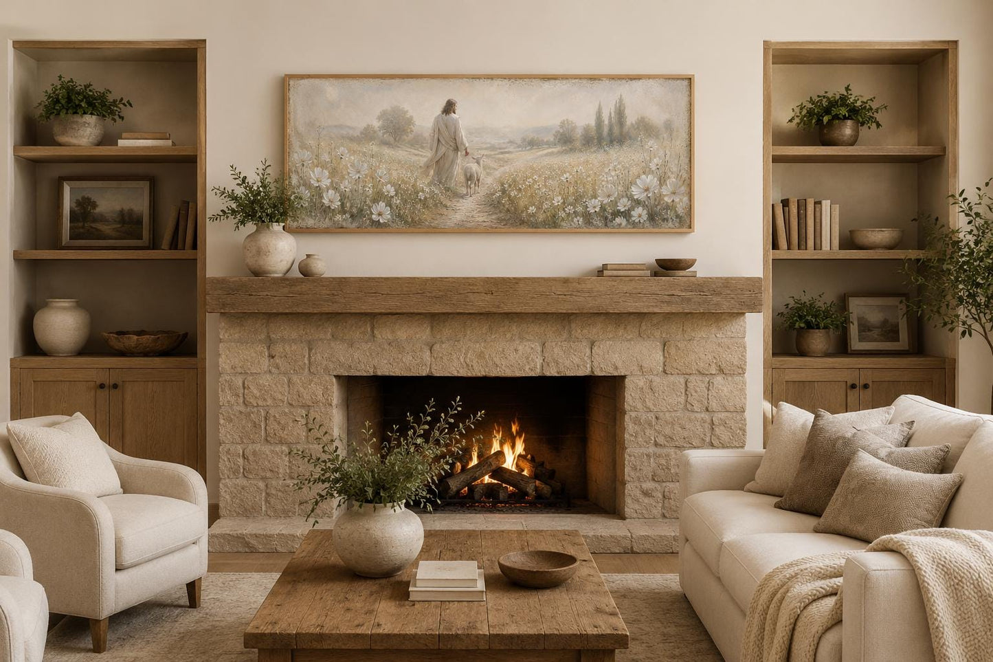 Jesus And Lamb In Wildflower Field Wall Art – Christian Canvas Print | Farmhouse Faith Decor for Living Room