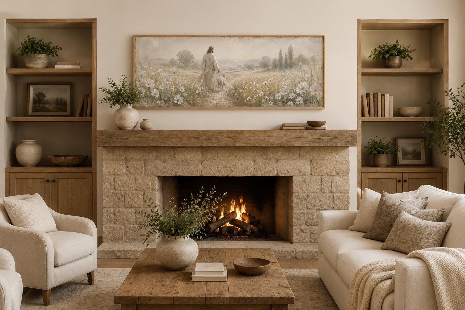 Jesus And Lamb In Wildflower Field Wall Art – Christian Canvas Print | Farmhouse Faith Decor for Living Room