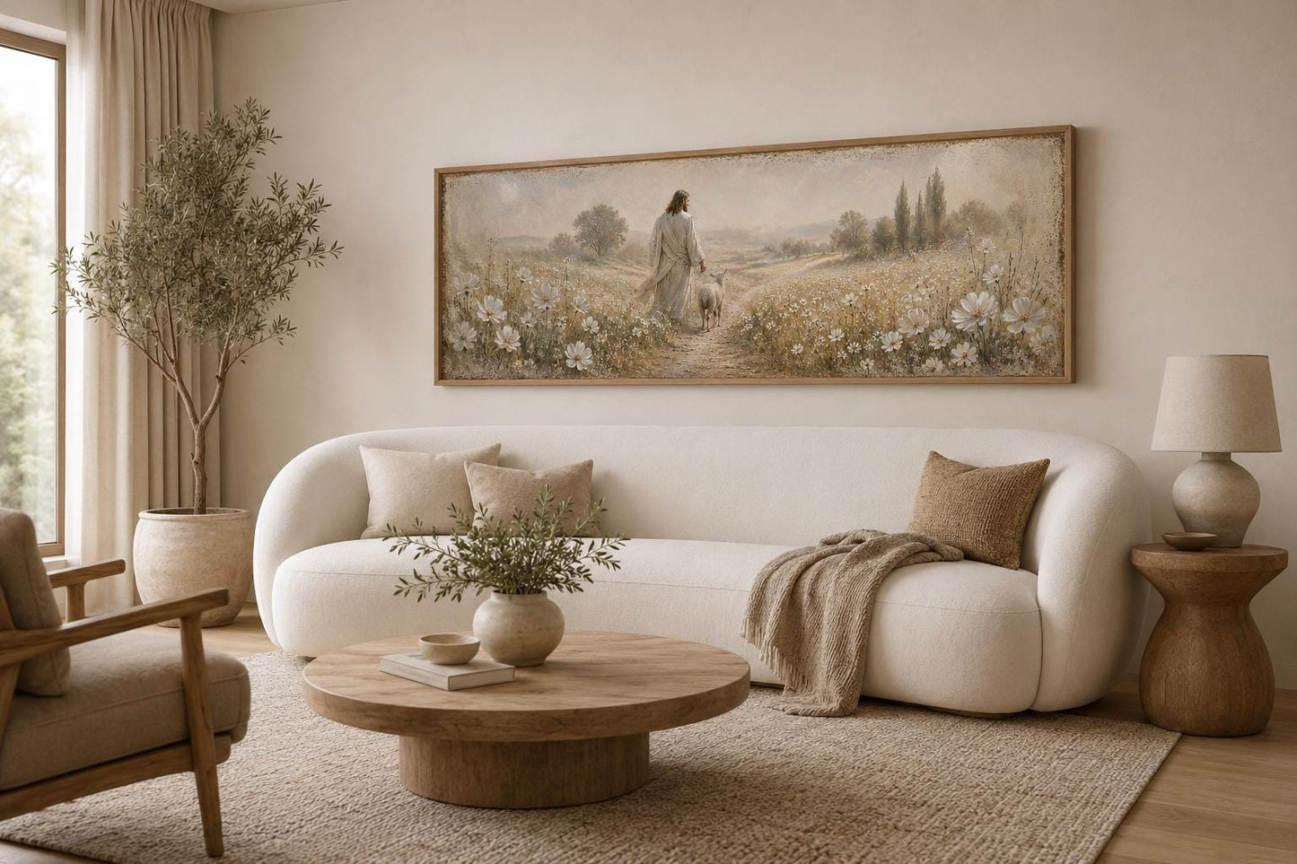 Jesus And Lamb In Wildflower Field Wall Art – Christian Canvas Print | Farmhouse Faith Decor for Living Room