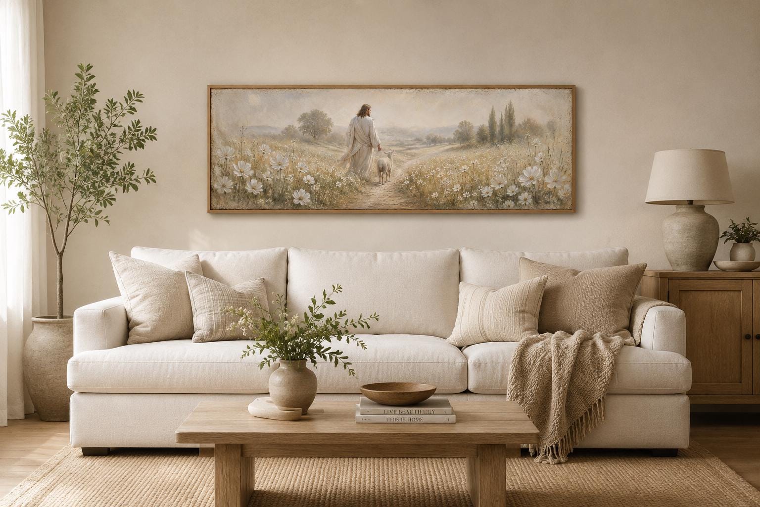 Jesus And Lamb In Wildflower Field Wall Art – Christian Canvas Print | Farmhouse Faith Decor for Living Room
