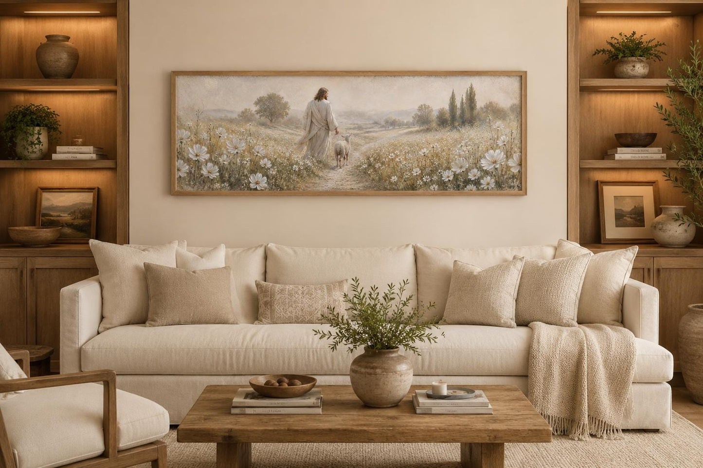 Jesus And Lamb In Wildflower Field Wall Art – Christian Canvas Print | Farmhouse Faith Decor for Living Room
