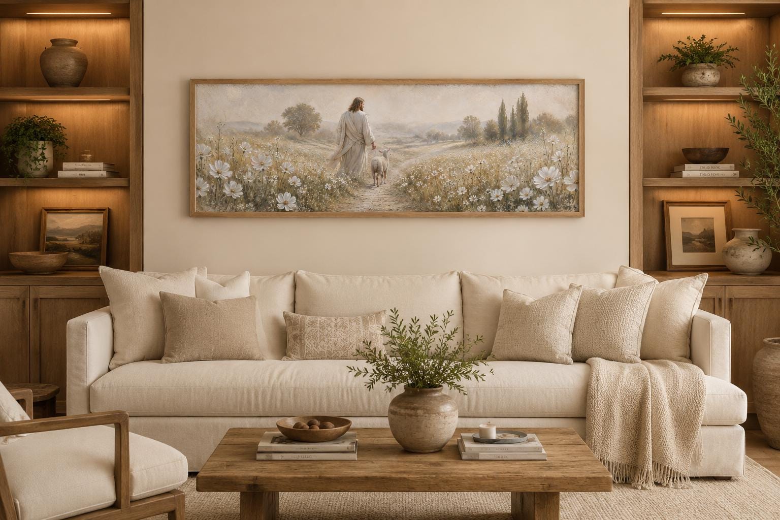 Jesus And Lamb In Wildflower Field Wall Art – Christian Canvas Print | Farmhouse Faith Decor for Living Room