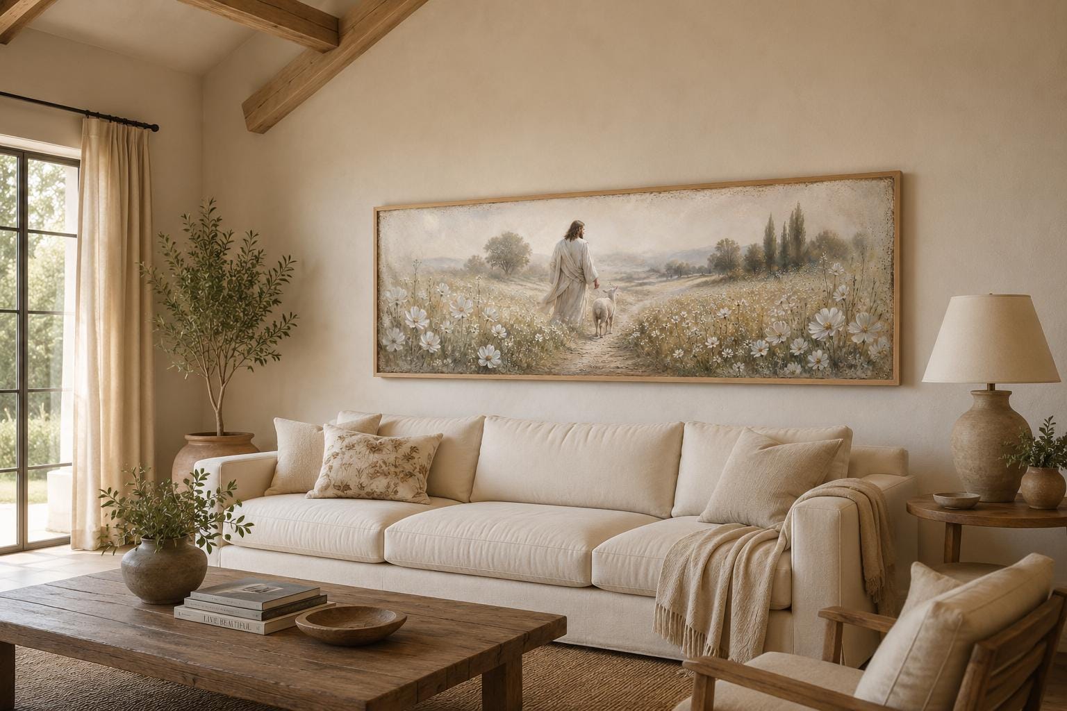 Jesus And Lamb In Wildflower Field Wall Art – Christian Canvas Print | Farmhouse Faith Decor for Living Room