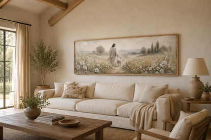 Jesus And Lamb In Wildflower Field Wall Art – Christian Canvas Print | Farmhouse Faith Decor for Living Room