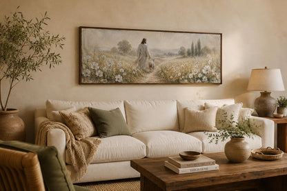 Jesus And Lamb In Wildflower Field Wall Art – Christian Canvas Print | Farmhouse Faith Decor for Living Room