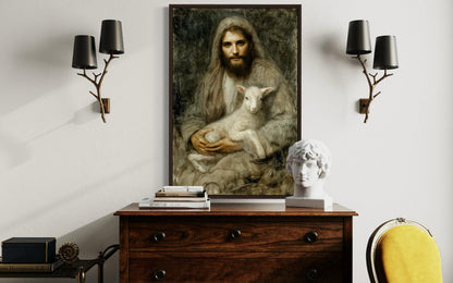 Jesus And Lamb Wall Art Canvas | Good Shepherd Painting - Framed Religious Artwork for Prayer Room
