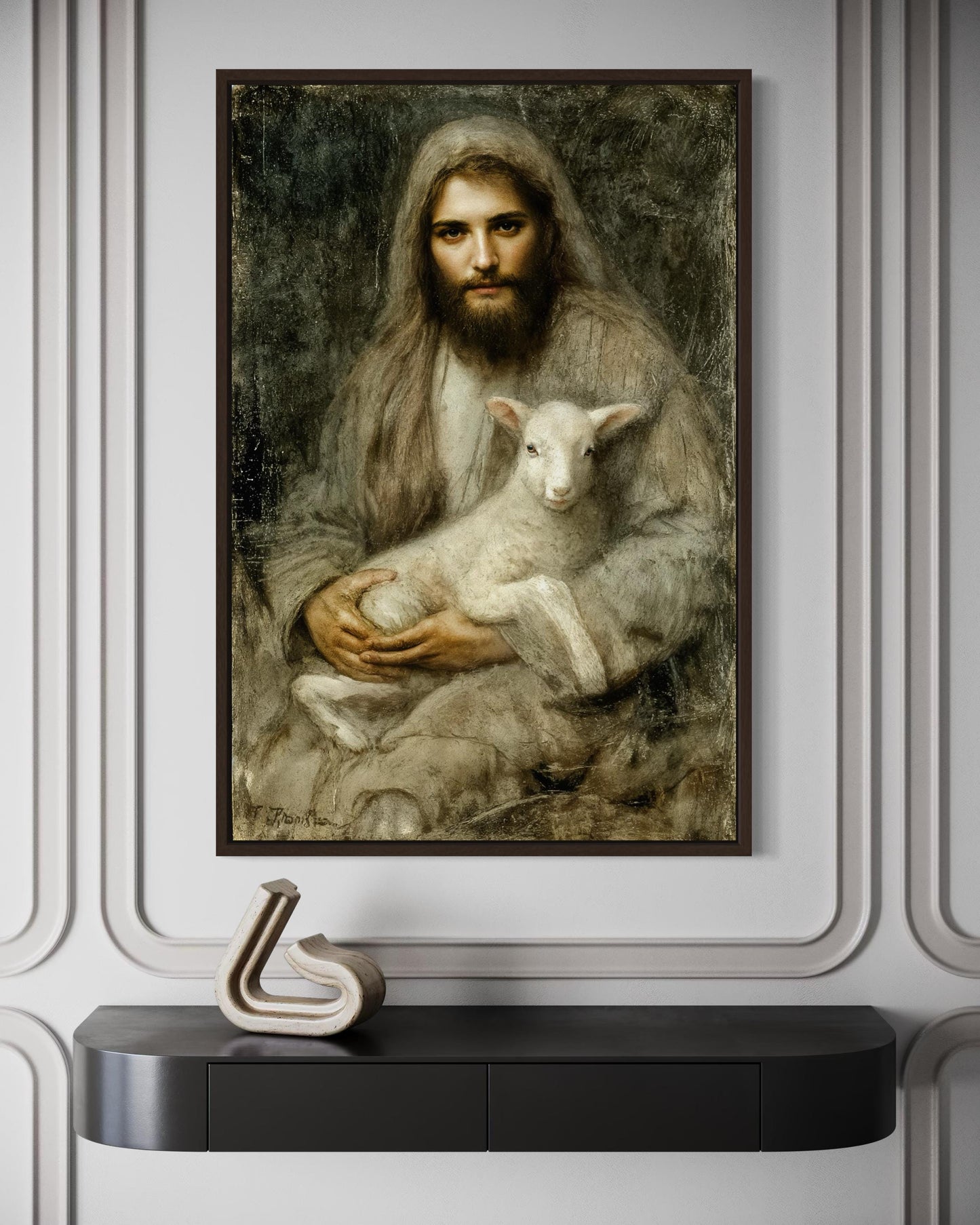 Jesus And Lamb Wall Art Canvas | Good Shepherd Painting - Framed Religious Artwork for Prayer Room